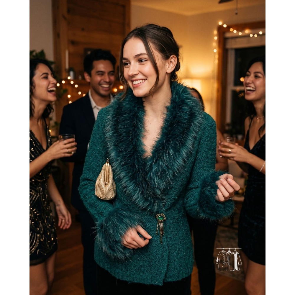 Vintage Teal Faux Fur Collar Jacket Turquoise Stone Tassel Sz S Carly St Claire
